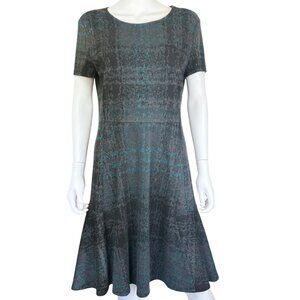 Betsey Johnson Dress Womens 14 Gray Teal Abstract Short Sleeve A-Line Midi